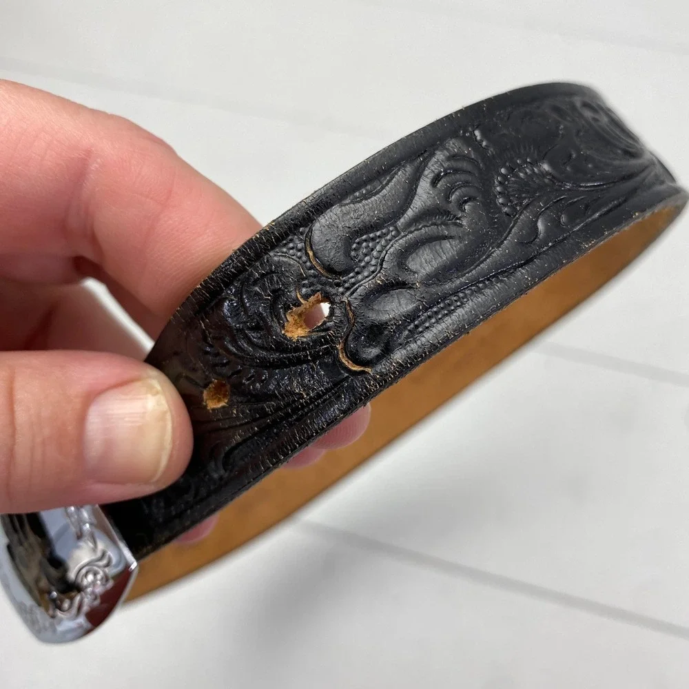 Justin Western Floral Tooled Leather Belt Kids Size 24 Black Cowboy Buckle vtg